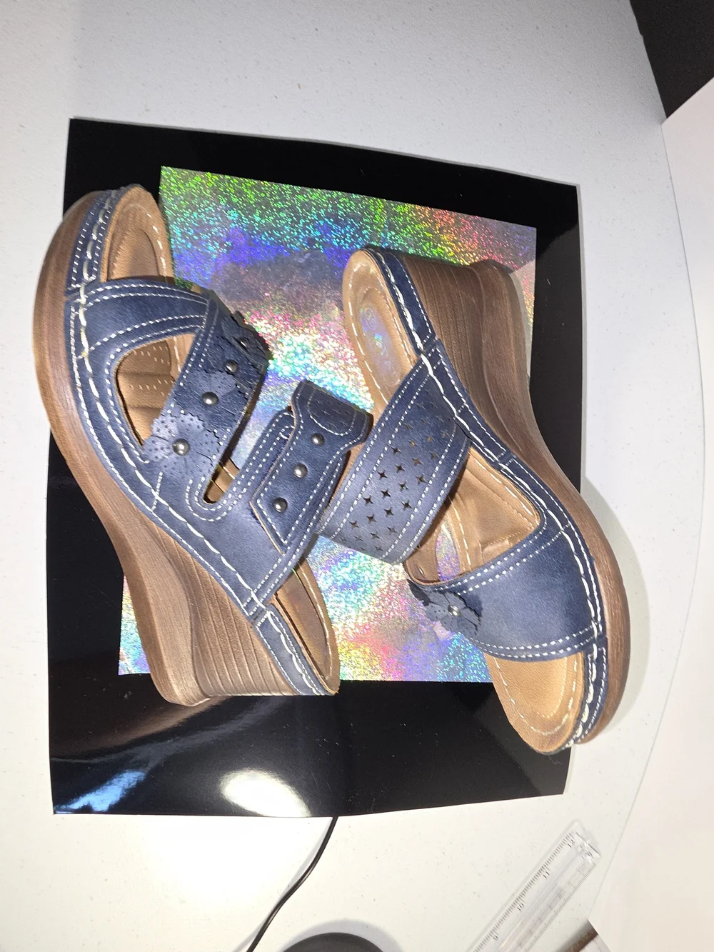 Patrizia Costmary Navy Floral Leather Wedge Sandal Stud Detail Sz 36 (5-6 US)